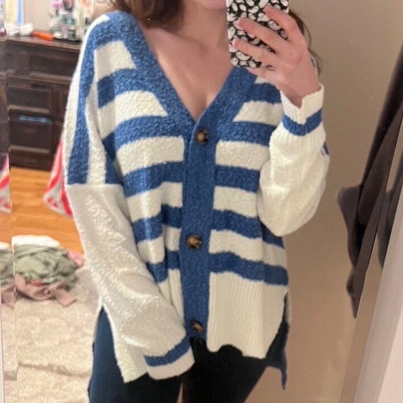 Cozy Color block Striped Button Down Oversized High Low Cardigan - Picture 8 of 11